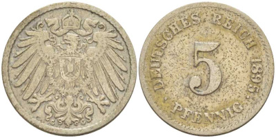 ГЕРМАНИЯ 5 ПФЕННИГОВ 1895 G KM 11, J. 12, Weege 6 медно-никель 206-916