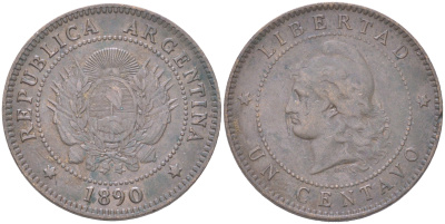 Аргентина 1 сентаво 1890 KM 32 бронза 4622-117