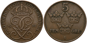 Швеция 5 эре 1925 Густав V (1907-1950) KM 779.2 бронза 4187-852