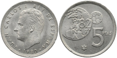 Испания 5 песет 1980 (81) чемпионат мира по футболу KM 817 медно-никель UNC 4171-521