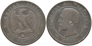 ФРАНЦИЯ 10 САНТИМОВ 1855 ВВ, НАПОЛЕОН III (1852-1870) KM 771.3, LE FRANC 133.23 бронза 53-714