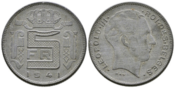 БЕЛЬГИЯ 5 ФРАНКОВ 1941 BELGES, ГЕРМАНСКАЯ ОККУПАЦИЯ, ВТОРАЯ МИРОВАЯ ВОЙНА KM 129.1 цинк 177-1045