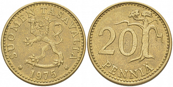 ФИНЛЯНДИЯ 20 ПЕННИ 1975 S KM 47 алюминиевая бронза 3718-1255