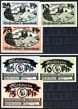 Штаммбах (Бавария) полный набор из 3 нотгельдов (10, 25 и 75 пфеннигов) 1921 Mehl Grabowski 1252.1 бумага UNC (пресс) 7556-65-2-1
