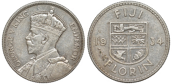 Фиджи 1 флорин 1934 Георг V (1910-1936), герб Фиджи KM 5 серебро 91-1236