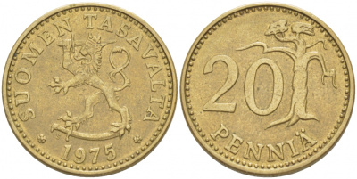ФИНЛЯНДИЯ 20 ПЕННИ 1975 S KM 47 алюминиевая бронза 3718-1255