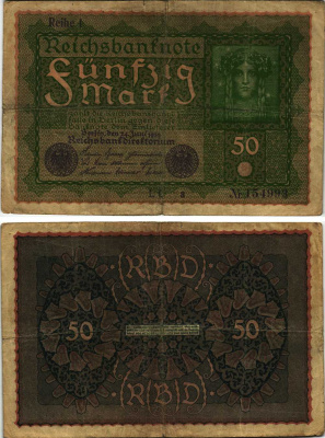 ГЕРМАНИЯ 50 МАРОК 1919 24 ИЮНЯ 1919, REIHE I, СЕРИЯ LL, ВЫПУСК С НОЯБРЯ 1919 ГОДА Pick 66, Rosenberg 62аа бумага 8609-50-2