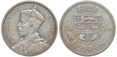 Фиджи 1 флорин 1934 Георг V (1910-1936), герб Фиджи KM 5 серебро 91-1236