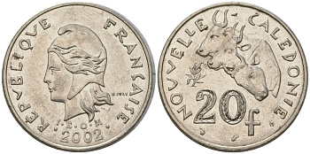 Французская Новая Каледония 20 франков 2002 три быка, (IEOM) KM 12, Schoen 14, Lec 115f никель 4131-615