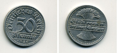 ГЕРМАНИЯ 50 ПФЕННИГОВ 1920 D KM 27, J. 301 алюминий 41-731