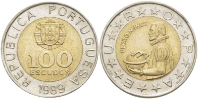Португалия 100 эскудо 1989 Педру Нуниш (1502-1578), математик KM 645.1 биметалл 110-114