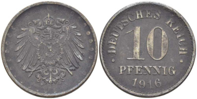 ГЕРМАНИЯ 10 ПФЕННИНГОВ 1916 A, ПЕРВАЯ МИРОВАЯ ВОЙНА KM 20, J.298, Weege 8 железо 202-155