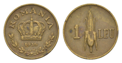 Румыния 1 лей 1939 Кароль II (1930-1940) KM 56 никель латунь 4636-365