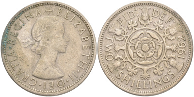 Великобритания 2 шиллинга (флорин) 1962 Елизавета II (1952-2022) KM 906, Spink 4146 медно-никель 189-643