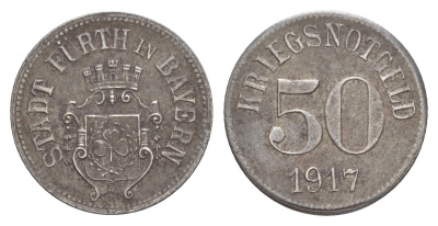 Фюрт в Баварии 50 пфеннигов 1917 Funck 145.4, Men05 8540.10, Men18 10637.10 железо 4636-1049
