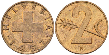 Швейцария 2 раппена 1957 В KM 47 бронза 4591-1142