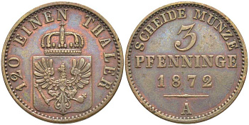 ПРУССИЯ 3 ПФЕННИГА 1872 А, ВИЛЬГЕЛЬМ I (1861-1888) KM 482 медь 117-1132