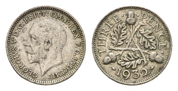 Великобритания 3 пенса 1932 Георг V (1910-1936) KM 831, Spink 4042 серебро 4644-427