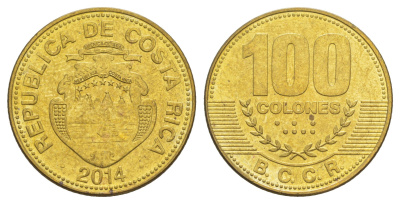 Коста-Рика 100 колонов 2014 KM 240a сталь плакированная латунью UNC 4642-1012