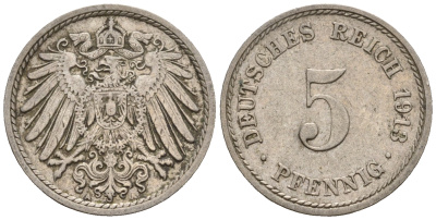 Германия 5 пфеннигов 1913 A, KM 11, J. 12 медно-никель 220-716