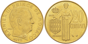 Монако 20 сантимов 1995 Ренье III (1949-2005) KM 143 алюминиевая бронза 190-517