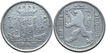 БЕЛЬГИЯ 1 ФРАНК 1942 BELGIE-BELGIQUE, ГЕРМАНСКАЯ ОККУПАЦИЯ, ВТОРАЯ МИРОВАЯ ВОЙНА KM 128 цинк 4393-945