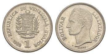 Венесуэла 1 боливар 1989 Симон Боливар, тонкий шрифт Y 52a.1 сталь плакированная никелем 4591-215