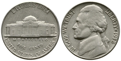США 5 ЦЕНТОВ 1958 D, ДЖЕФЕРСОН KM А192 медно-никель 73-1057