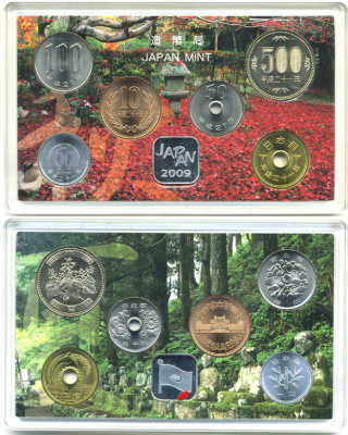 Япония набор из 6 монет + жетон 2009 официальный набор в пластике и картонной коробке, четыре времени года, JAPAN MINT UNC 1-5-2-30