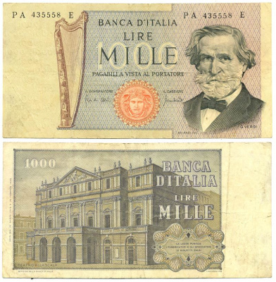 Италия 1000 лир 1969 Джузеппе Верди, Милин Ла Скала Pick 101а бумага 7551-13-3-1