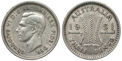 Австралия 3 пенса 1951 m, Георг VI (1937-1952), без букв KM 44 серебро 71-328