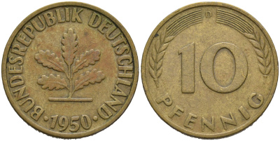 ФРГ 10 ПФЕННИГОВ 1950 D KM 108, J.383 сталь плакированная латунью 75-621