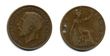 Великобритания 1 пенни 1919 Георг V (1910-1936) КМ 810, Spink 4051 бронза 47-225