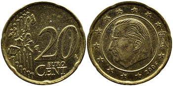 БЕЛЬГИЯ 20 ЕВРОЦЕНТОВ 2006 АЛЬБЕРТ II KM 228 латунь 4390-1115