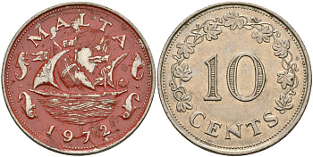 Мальта 10 центов 1972 баржа Великого магистра KM 11 медно-никель 4137-815