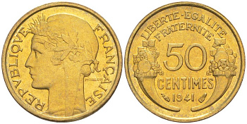 ФРАНЦИЯ 50 САНТИМОВ 1941 ТИП MORLON KM 894.1, LE FRANC 192.18 алюминиевая бронза 44-463