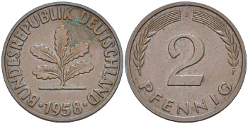ФРГ 2 ПФЕННИГА 1958 J KM 106, J. 381 бронза 4181-717