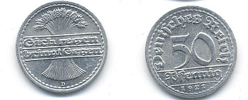 ГЕРМАНИЯ 50 ПФЕННИГОВ 1921 D KM 27, J. 301 алюминий 58-432