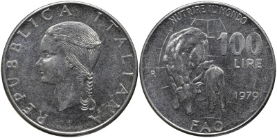 Италия 100 лир 1979 R, FAO, корова с теленком KM 106 нержавеющая сталь 4165-115