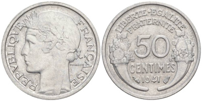 ФРАНЦИЯ 50 САНТИМОВ 1941 ТИП MORLON LOURDE KM 894.1a, LE FRANC 193.2 алюминий 44-315