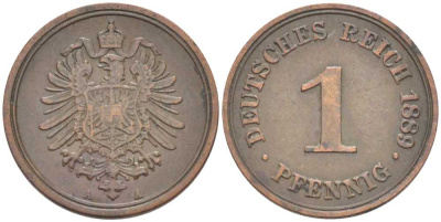 ГЕРМАНИЯ 1 ПФЕННИГ 1889 А, СТАРОГЕРБОВКА KM 1, J. 1 медь 112-529