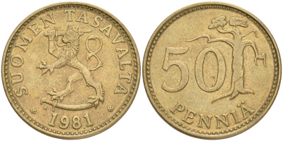 ФИНЛЯНДИЯ 50 ПЕННИ 1981 K KM 48 алюминиевая бронза 4556-224