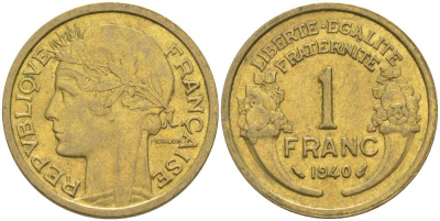 Франция 1 франк 1940 тип Морлон KM 885, LE FRANC 219.11 алюминиевая бронза 3853-214