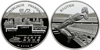 Франция 1 1/2 евро 2003 Чемпионат мира по лёгкой атлетике 2003 года в Сен-Дени, прыжки в высоту KM 1997 серебро PROOF 1095-3-23