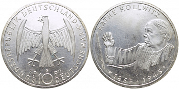 ФРГ 10 марок 1992 G, 125 лет со дня рождения Кете Кольвиц KM 178 серебро 109-733