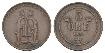 Швеция 5 эре 1881 Оскар II (1872-1907) KM 736 бронза 4587-915