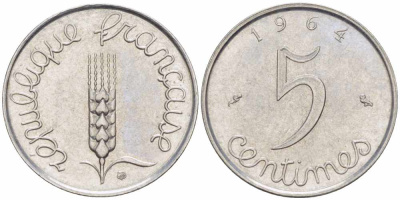 ФРАНЦИЯ 5 САНТИМОВ 1964 ПЯТАЯ РЕСПУБЛИКА KM 927, LE FRANC 124.6 хромированная сталь 105-437