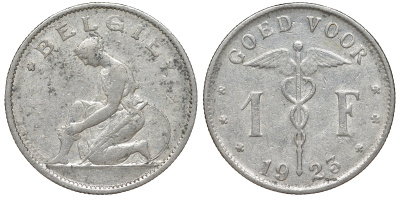 Бельгия 1 франк 1923 Belgie, Альберт I (1909-1934) KM 90 никель 51-1017