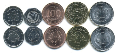 Ливан лот из 5 монет 2002-2012 (25, 50, 100, 250 и 500 ливров) UNC M75-09