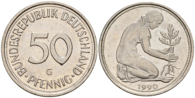 ФРГ 50 пфеннигов 1990 G KM 109, J. 384 медно-никель 4177-827
